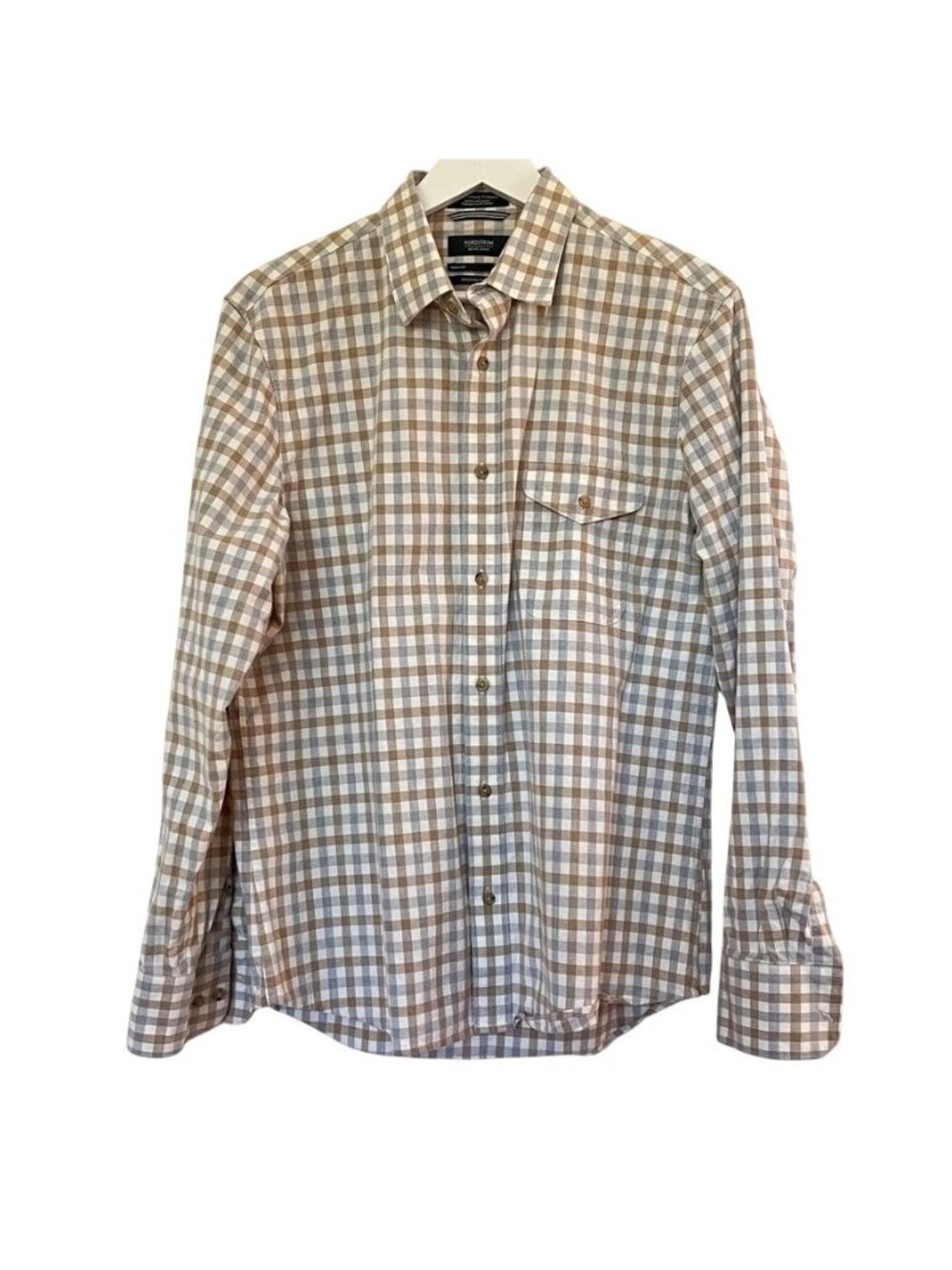 Nordstrom Mens L Shirt Brown White Plaid Cotton Stretch Flannel Button Up Frat - Picture 4 of 14